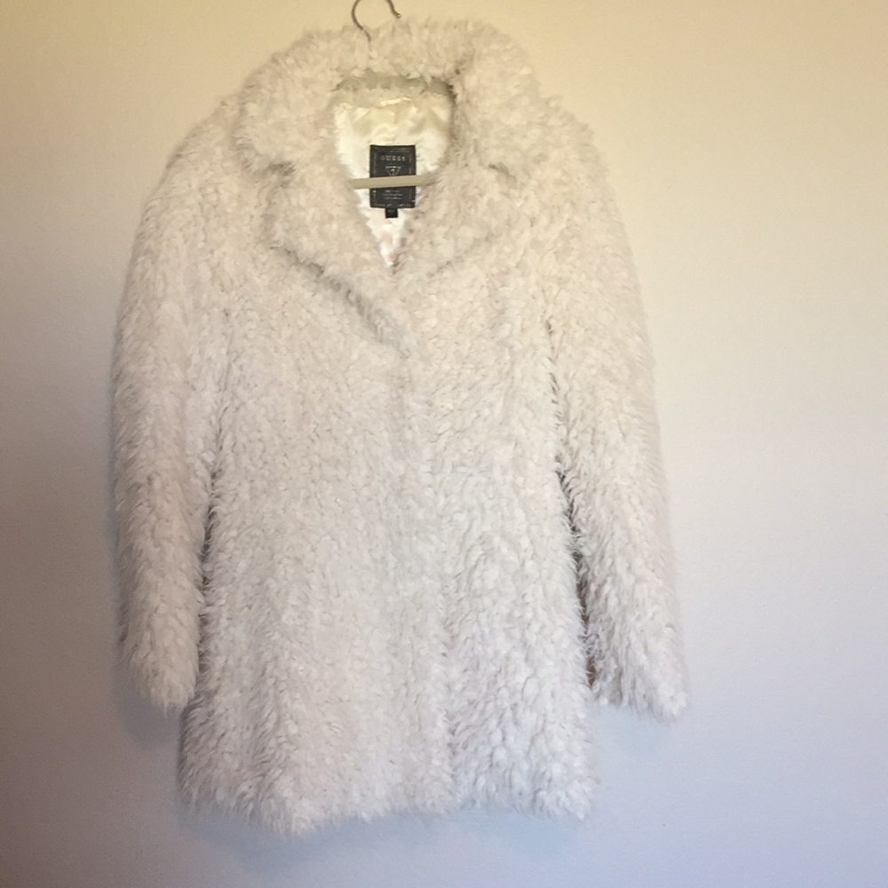 Guess Long sleeve Shag Faux-Fur Coat - Ivory